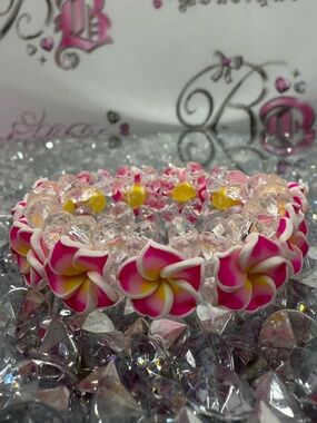 Bracelet anklet Pink & Yellow Plumeria Flower Stretch Bracelet Hawaii Jewelry